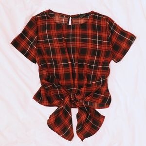 Flowy Red Plaid Tie-front Top